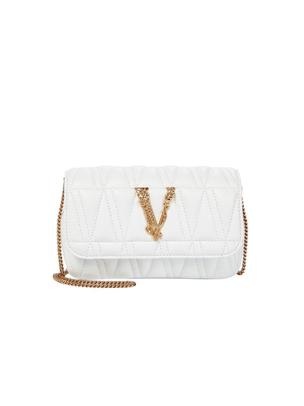 NWT Versace Virtus Mini White Quilted Leather Crossbody Bag with Gold Chain